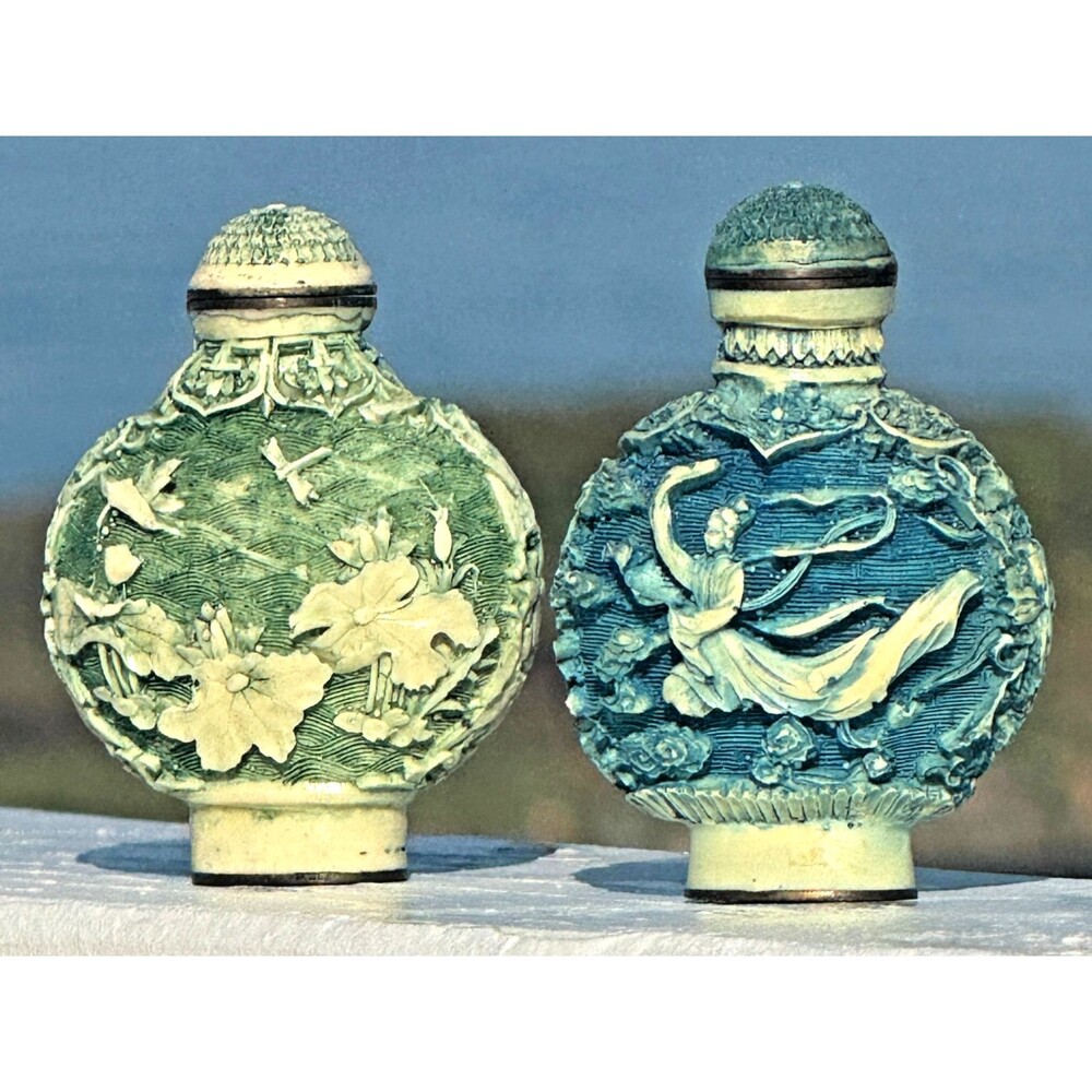 Vintage Chinese Carved Snuff Bottle Pair Figural Floral Relief Blue Green Marked